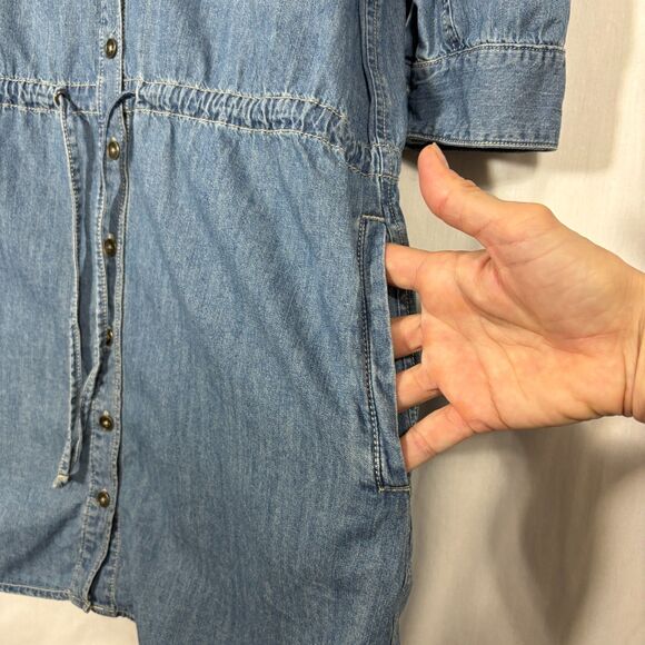 Denim Mini Shirt Dress Womens L Drawstring Waist Western Coastal Cowgirl Pockets - Picture 2 of 8